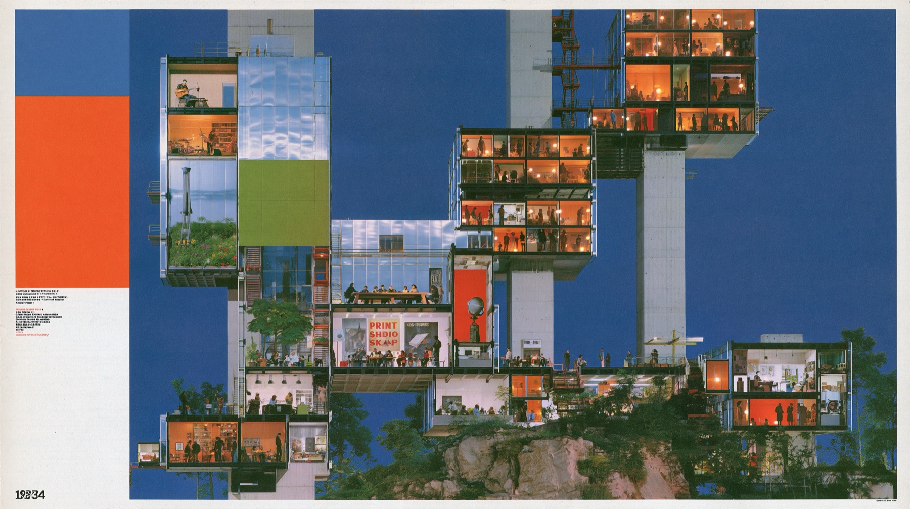 A public building at blue hour with many glowing rooms connected by collective activity