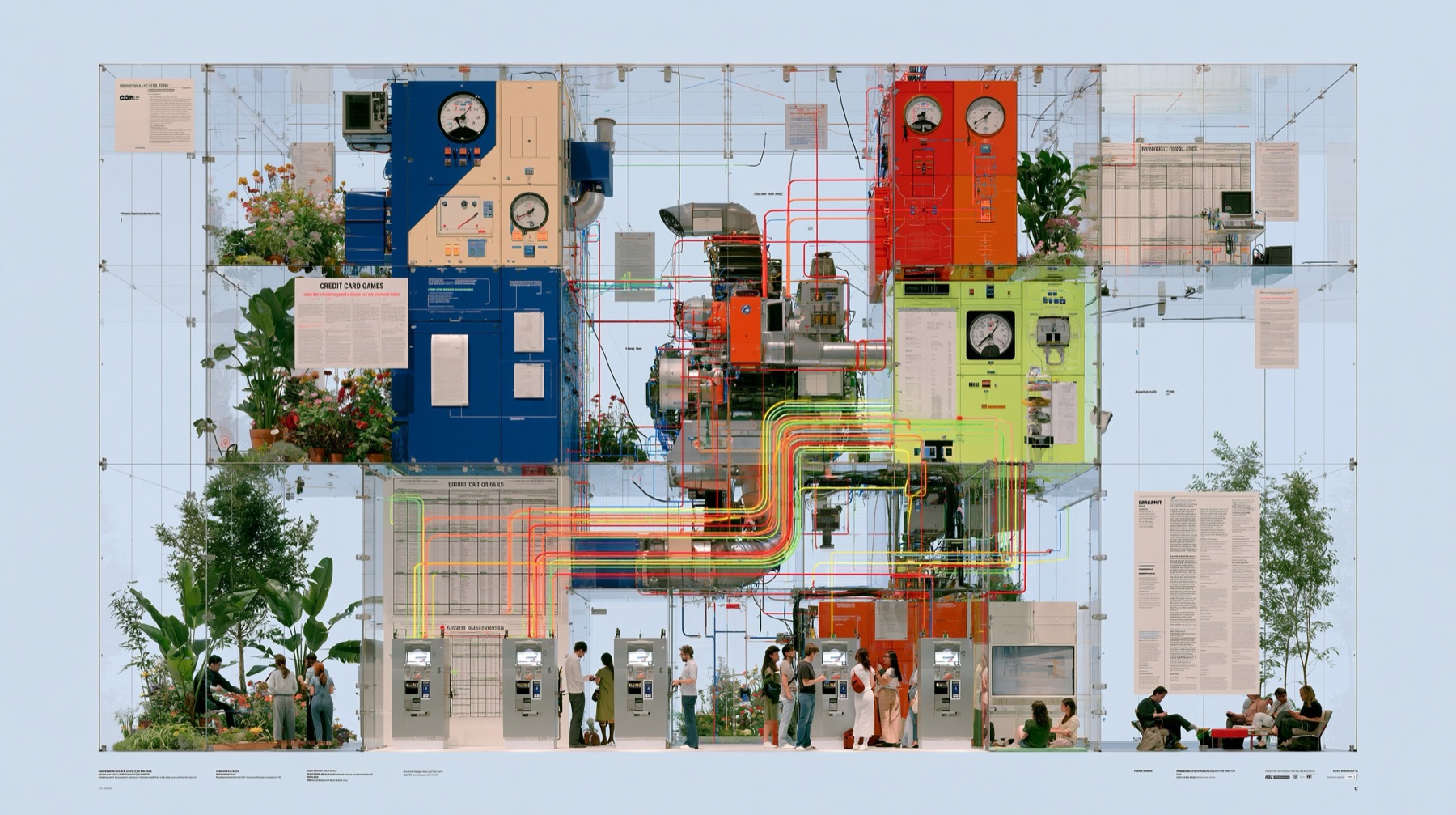 A transparent room-sized machine translating small payments into civic light and sound