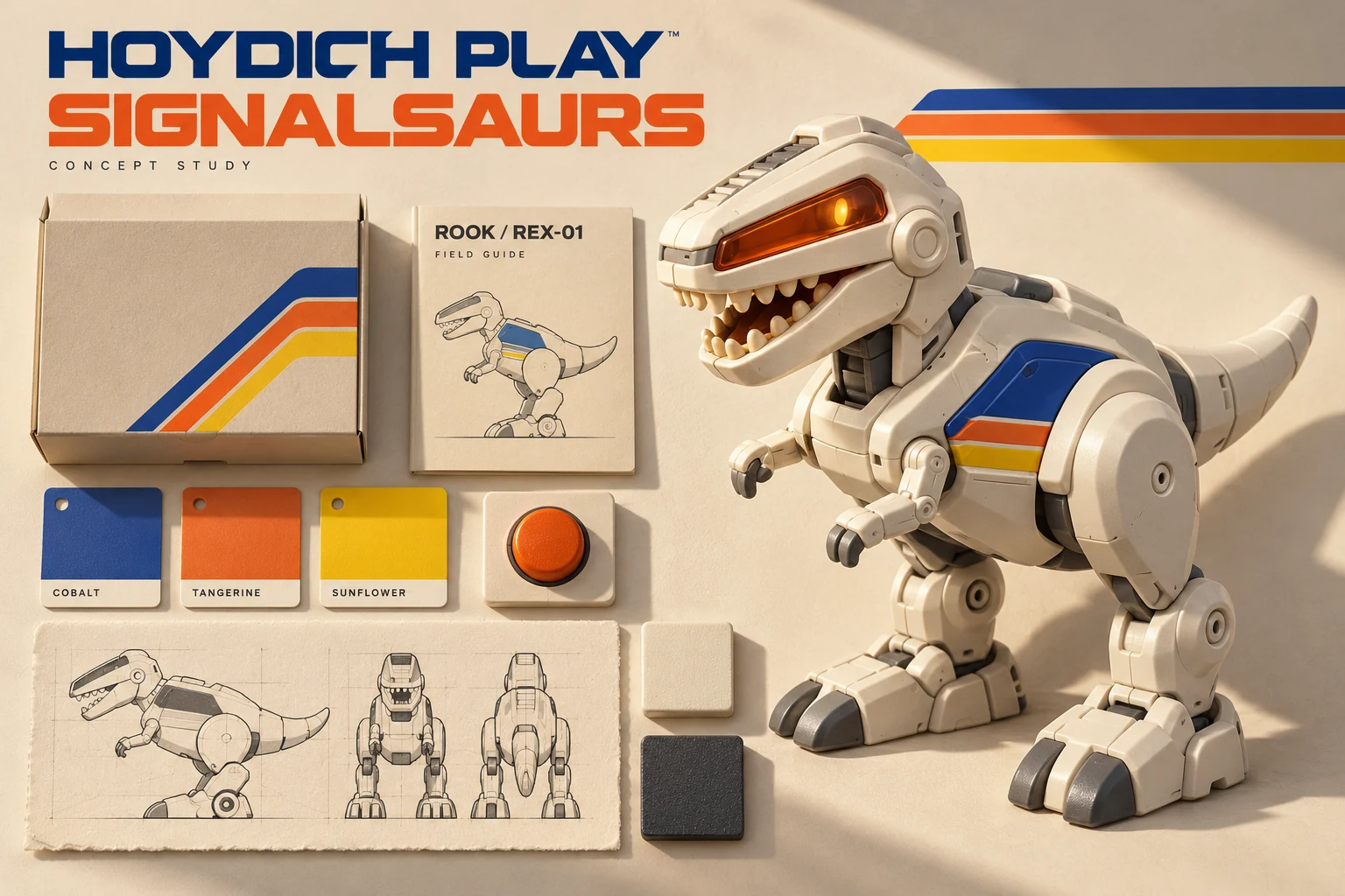 Generated concept mood board with cream ROOK dinosaur, signal-color swatches, tactile controls and paper materials