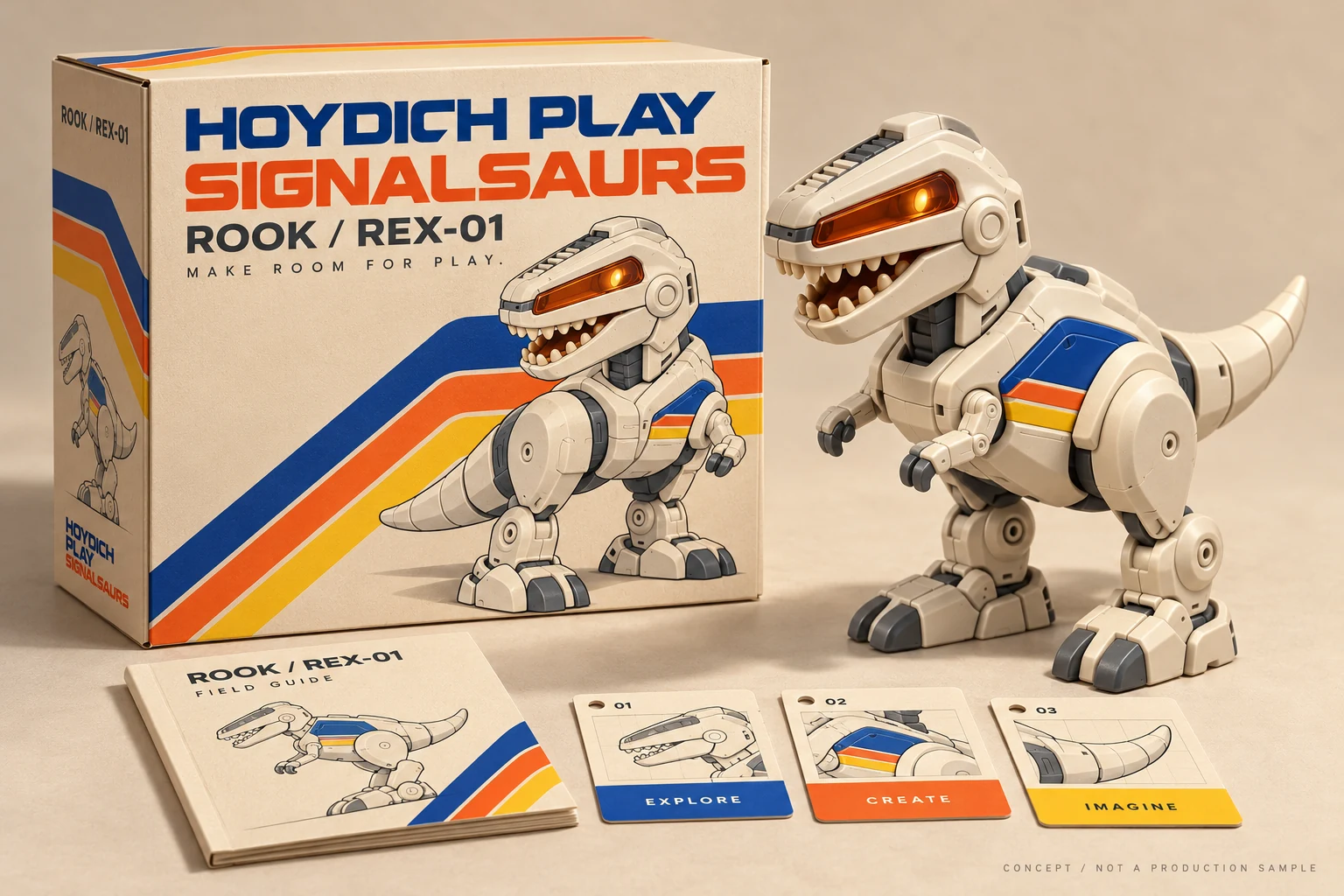 Concept visualization: cream ROOK robot dinosaur beside a SIGNALSAURS box, field guide and mission cards