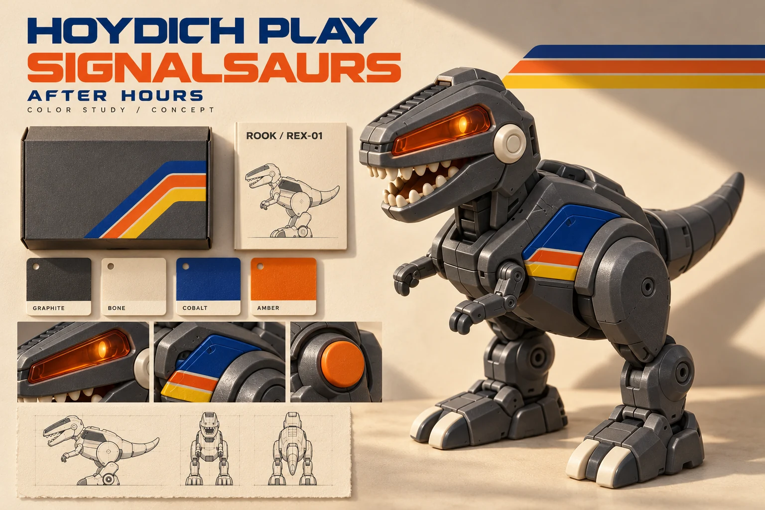 Graphite After Hours color-study concept with the same ROOK dinosaur form and matching material swatches