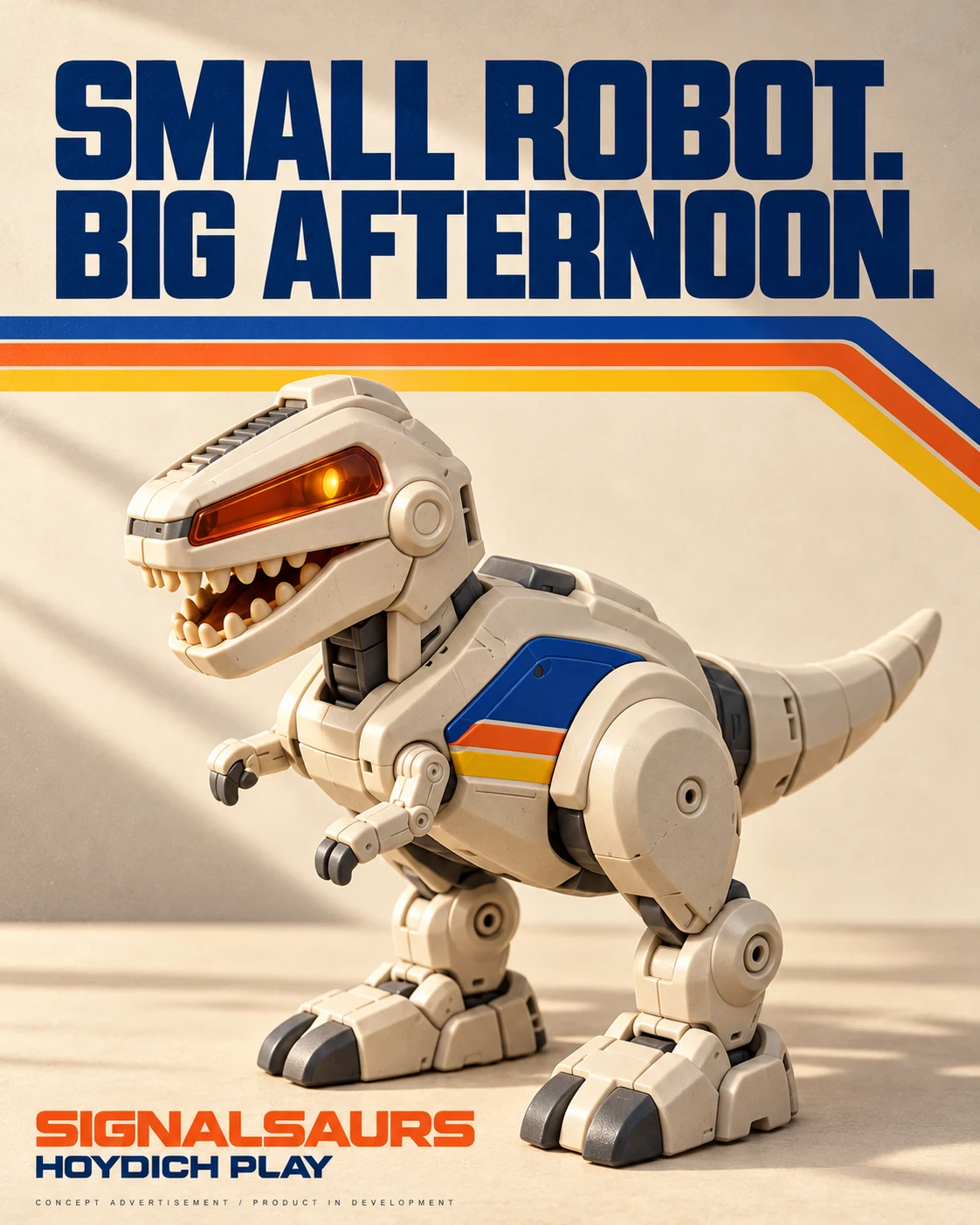 Family campaign concept: Small robot. Big afternoon. Cream ROOK dinosaur, marked concept advertisement and product in development