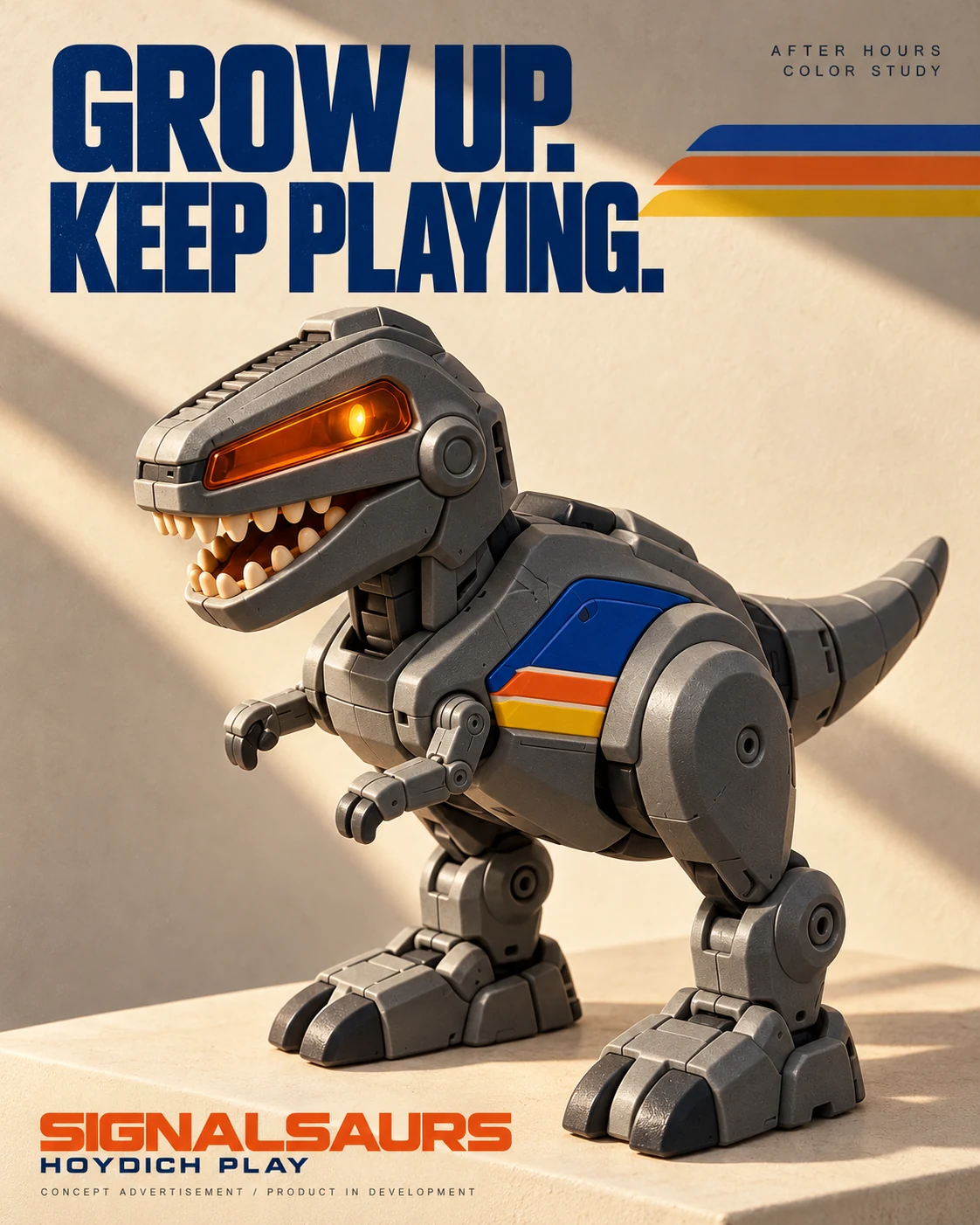 Collector campaign concept: Grow up. Keep playing. Graphite ROOK dinosaur, marked concept advertisement and product in development